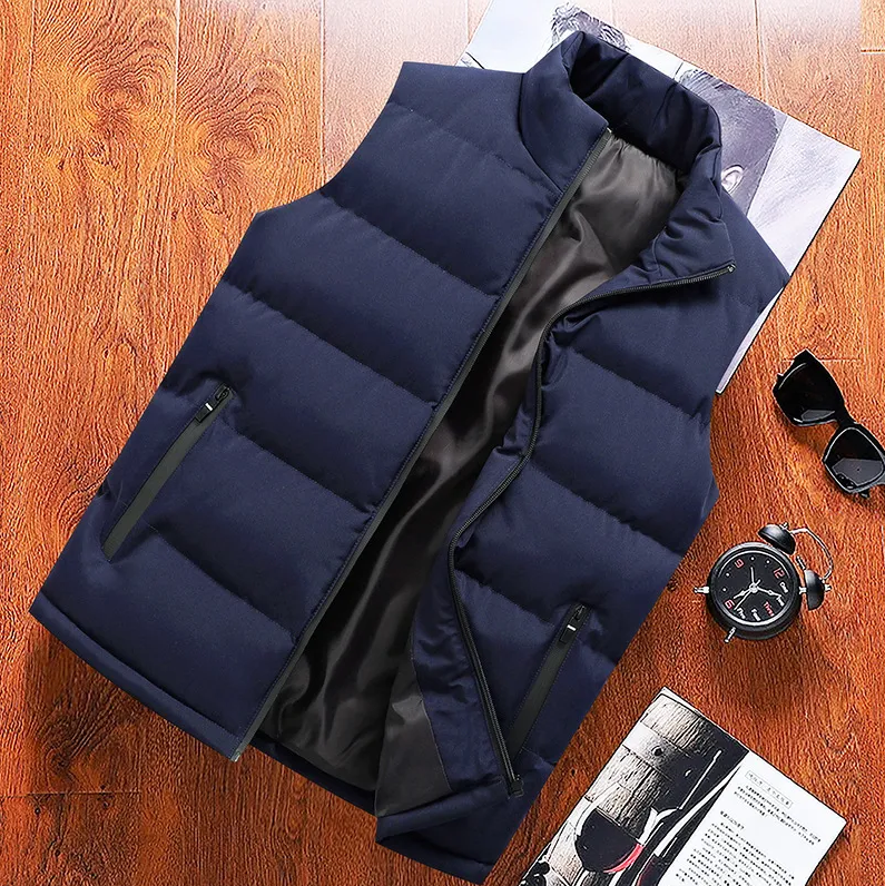 Padded quilted vest with zip-up front and stand-up collar