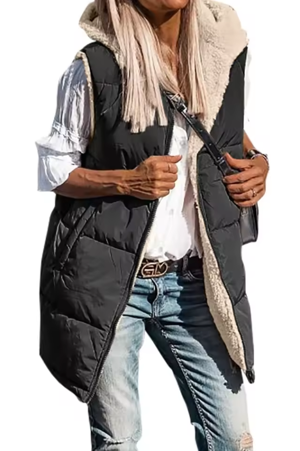 Long quilted vest with hood and button closure