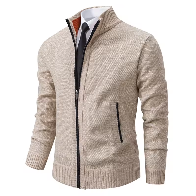 Textured zip-up jacket with stand-up collar