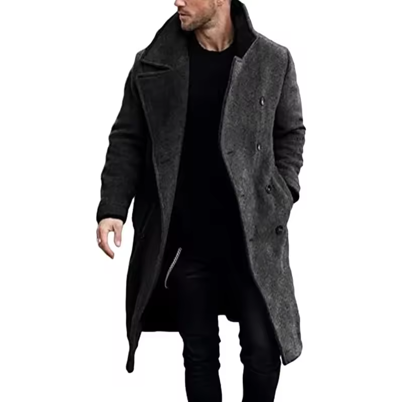 Long double-breasted coat with lapel collar