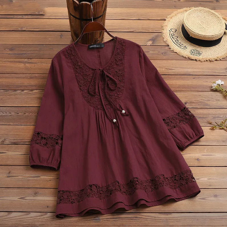 Women’s lace-trimmed button-up tunic blouse with 3/4 sleeves