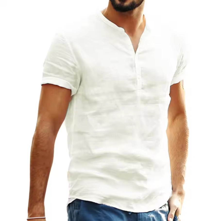 Men’s short-sleeve shirt with notch neckline and partial button placket