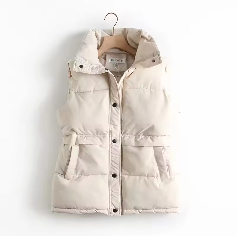 Padded quilted vest with detachable hood and button closure
