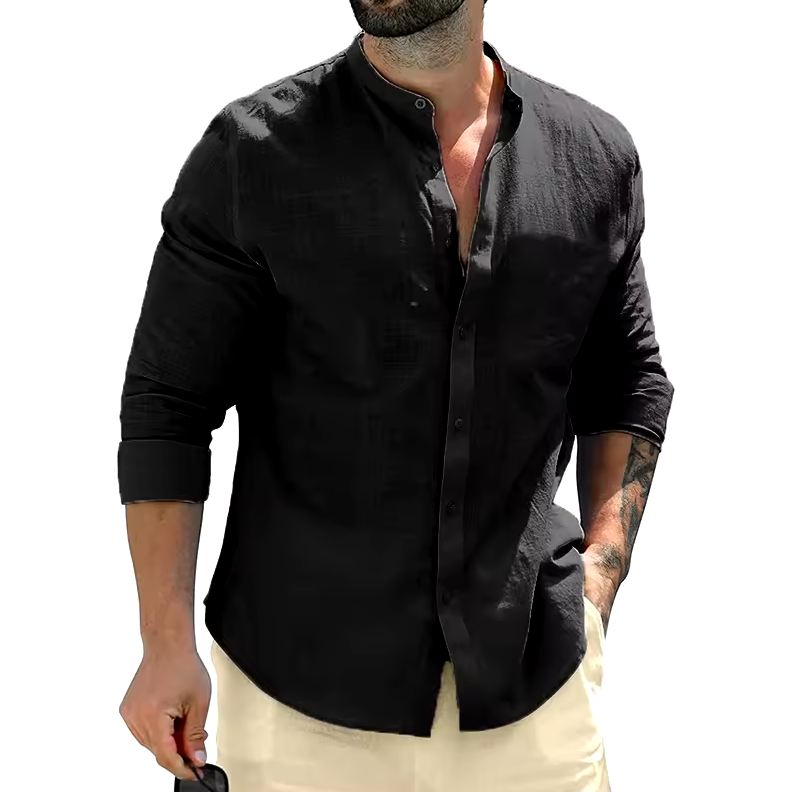 Long-sleeved button-down shirt with band collar