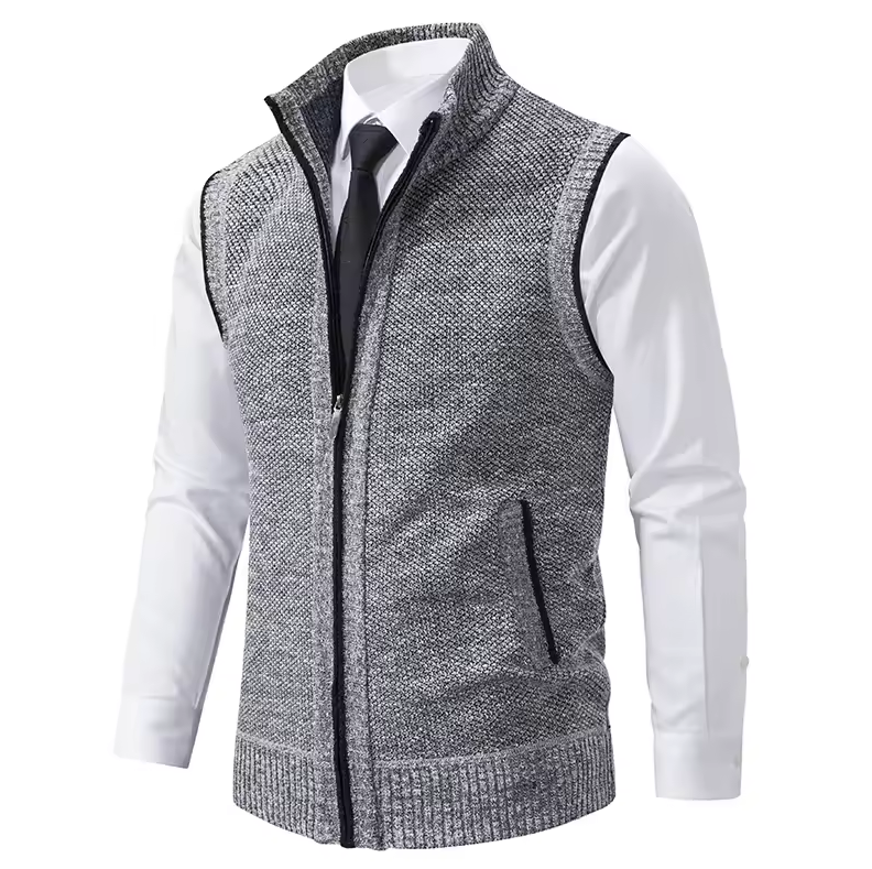 Zip-up vest with stand-up collar and textured design