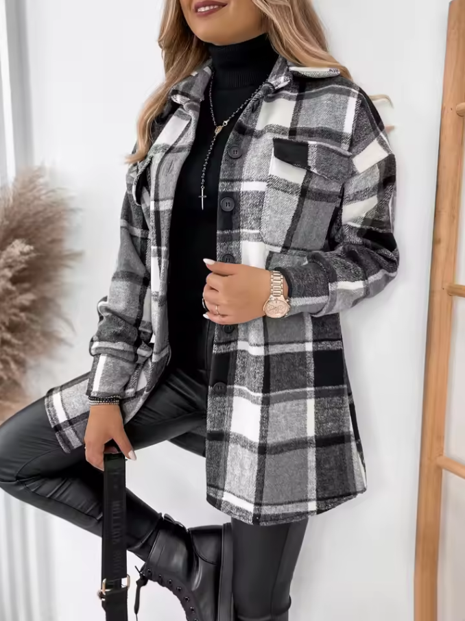 Checkered long-sleeved button-down shirt
