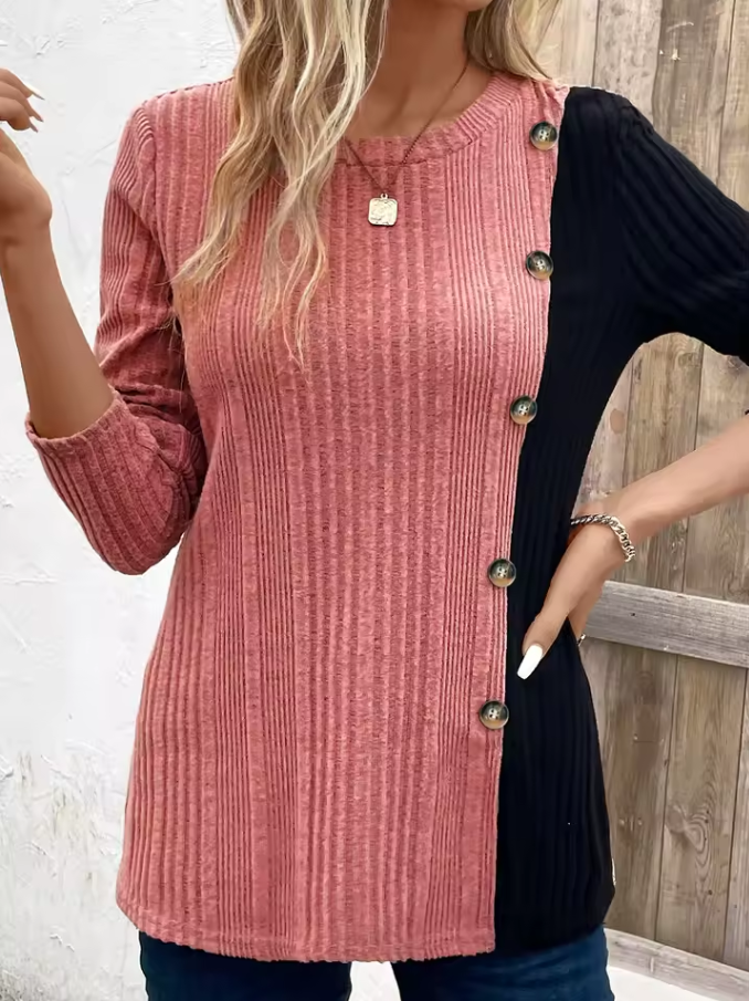 Color-block ribbed top with button detail and round neckline