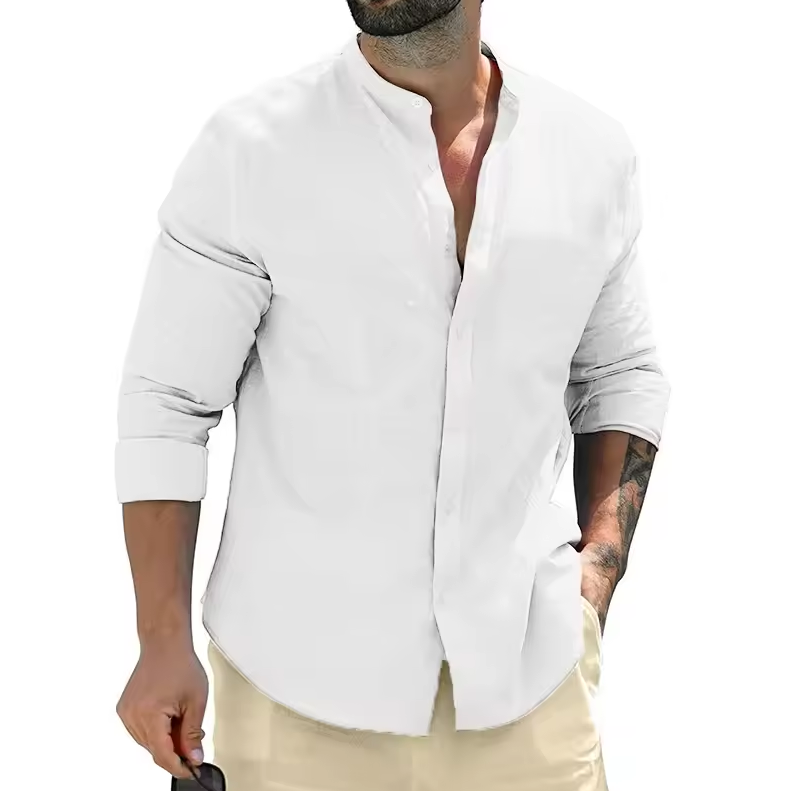 Long-sleeved button-down shirt with band collar