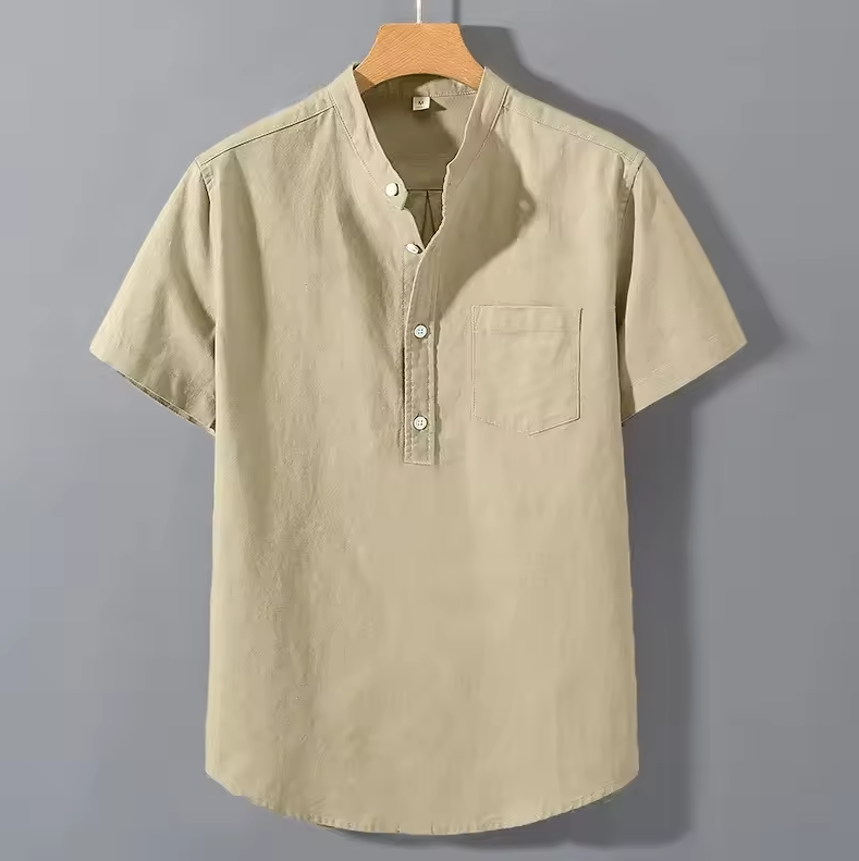 Short-sleeved shirt with band collar and chest pocket