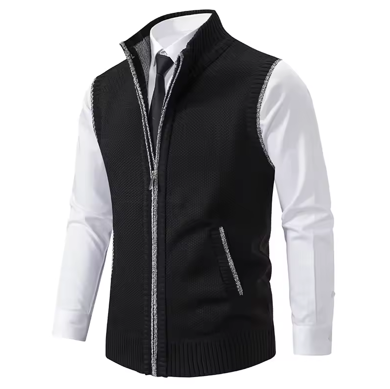 Zip-up vest with stand-up collar and textured design
