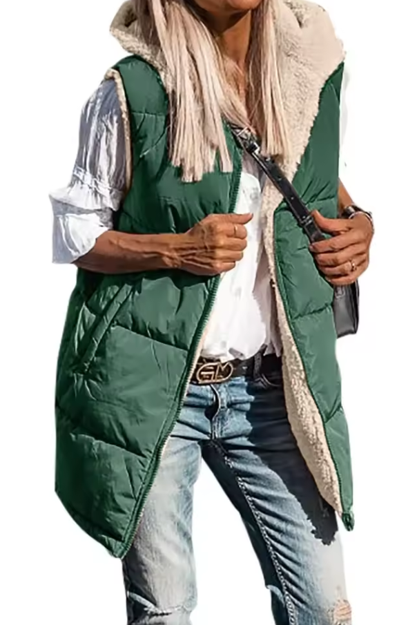 Long quilted vest with hood and button closure