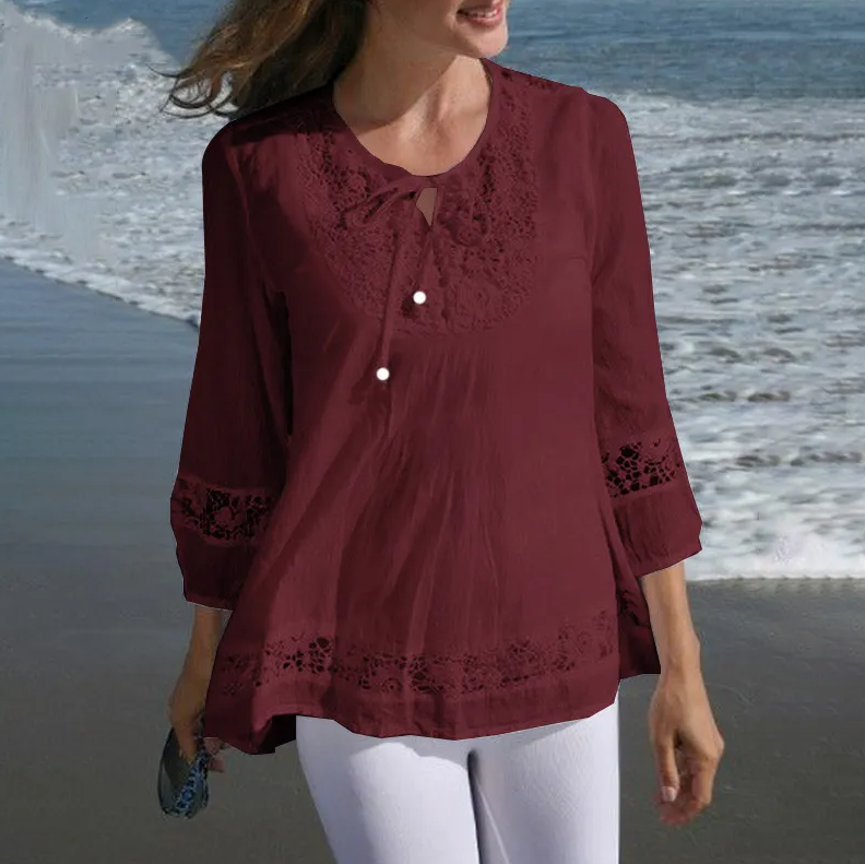 Women’s lace-trimmed button-up tunic blouse with 3/4 sleeves