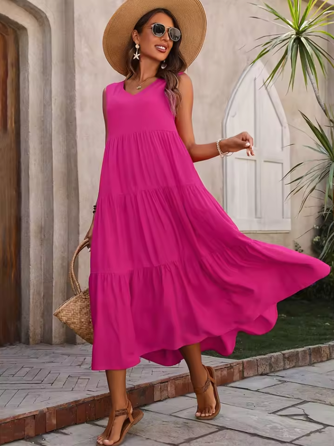 Sleeveless tiered maxi dress with round neckline