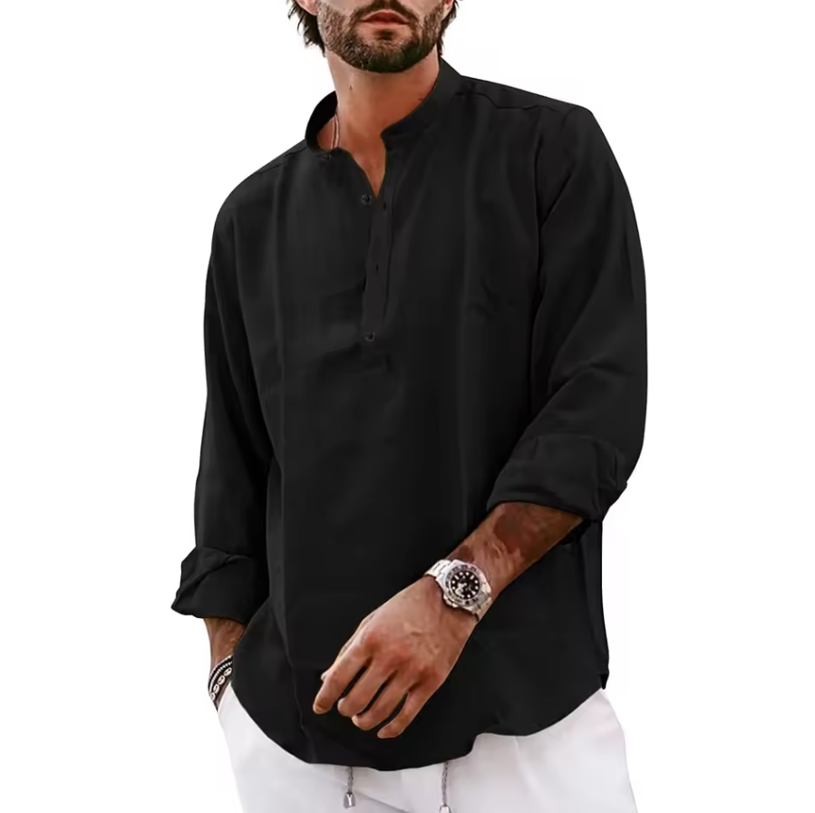 Long-sleeved shirt with band collar and partial button placket