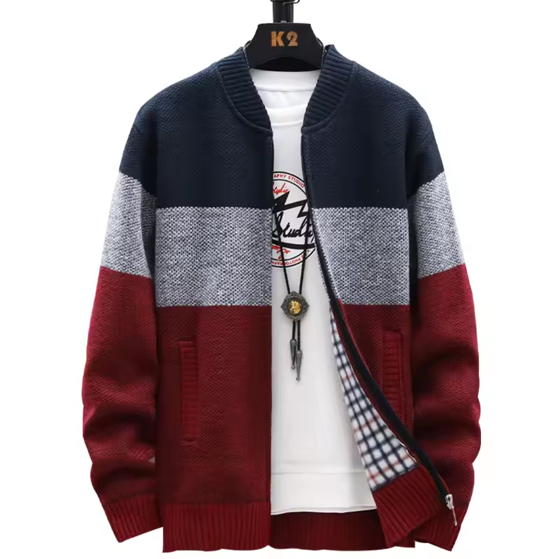 Knitted zip-up cardigan with color block design