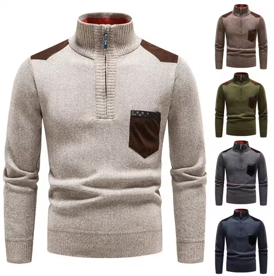 Knitted sweater with stand-up collar and chest pocket