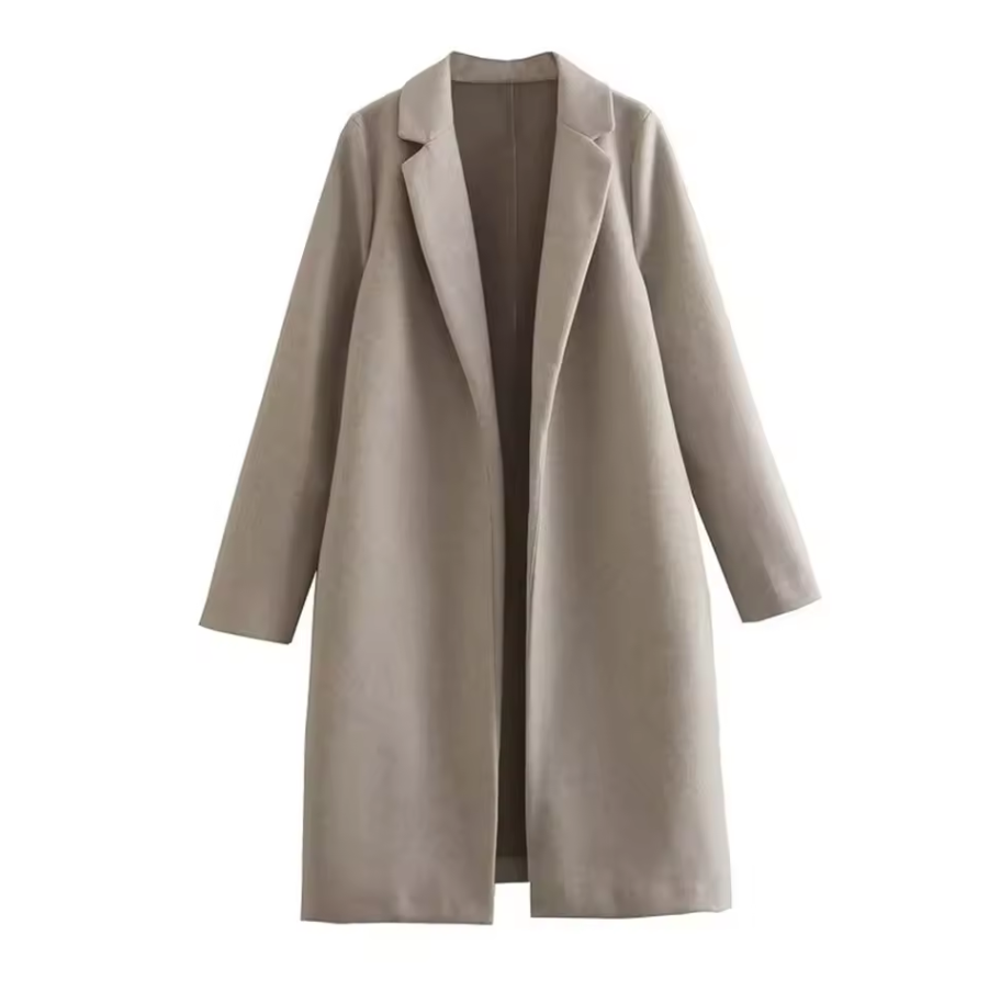 Long open-front coat with lapel collar