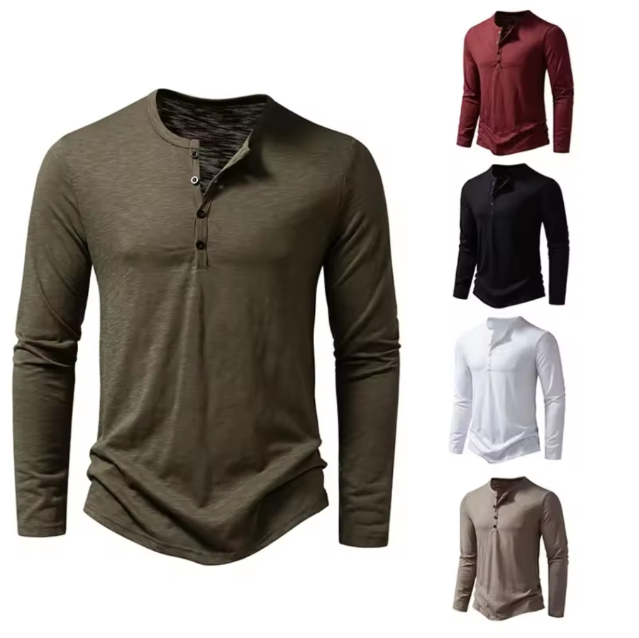Long-sleeved shirt with round neckline and button placket