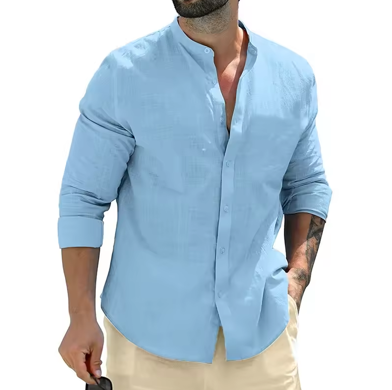 Long-sleeved button-down shirt with band collar