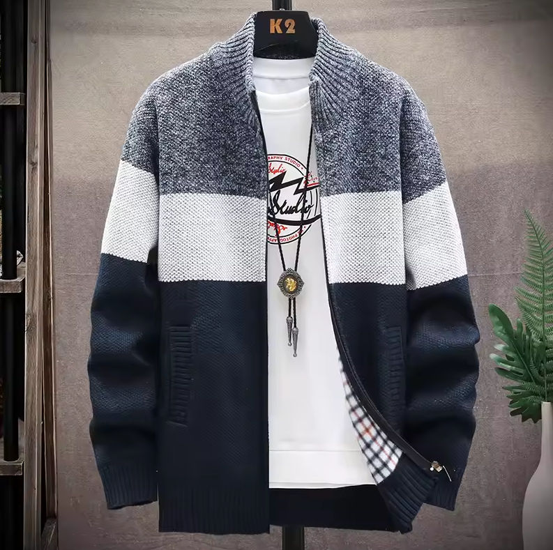 Knitted zip-up cardigan with color block design