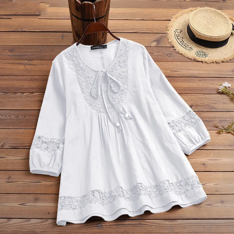 Women’s lace-trimmed button-up tunic blouse with 3/4 sleeves
