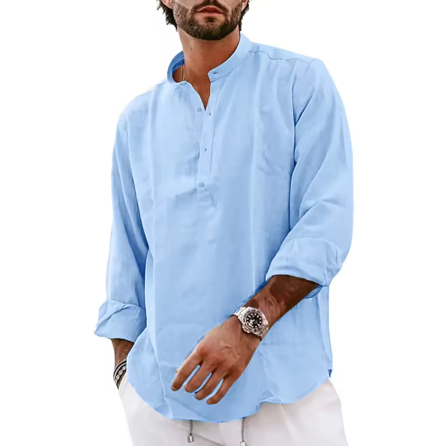 Long-sleeved shirt with band collar and partial button placket