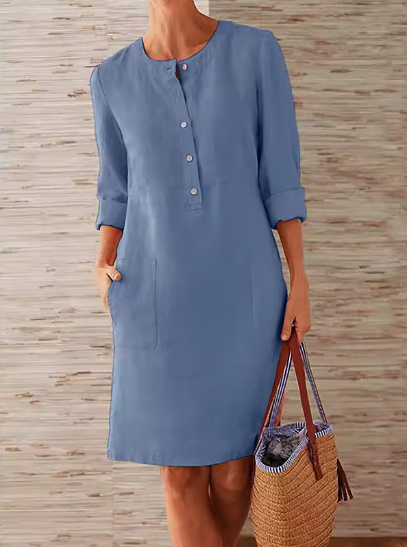 Straight-cut dress with round neckline and button placket
