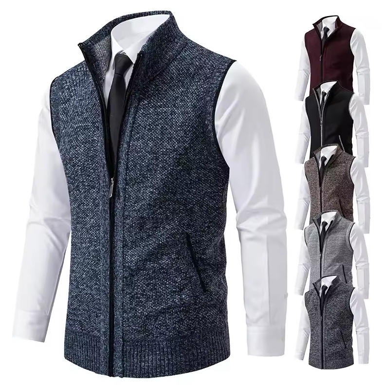Zip-up vest with stand-up collar and textured design