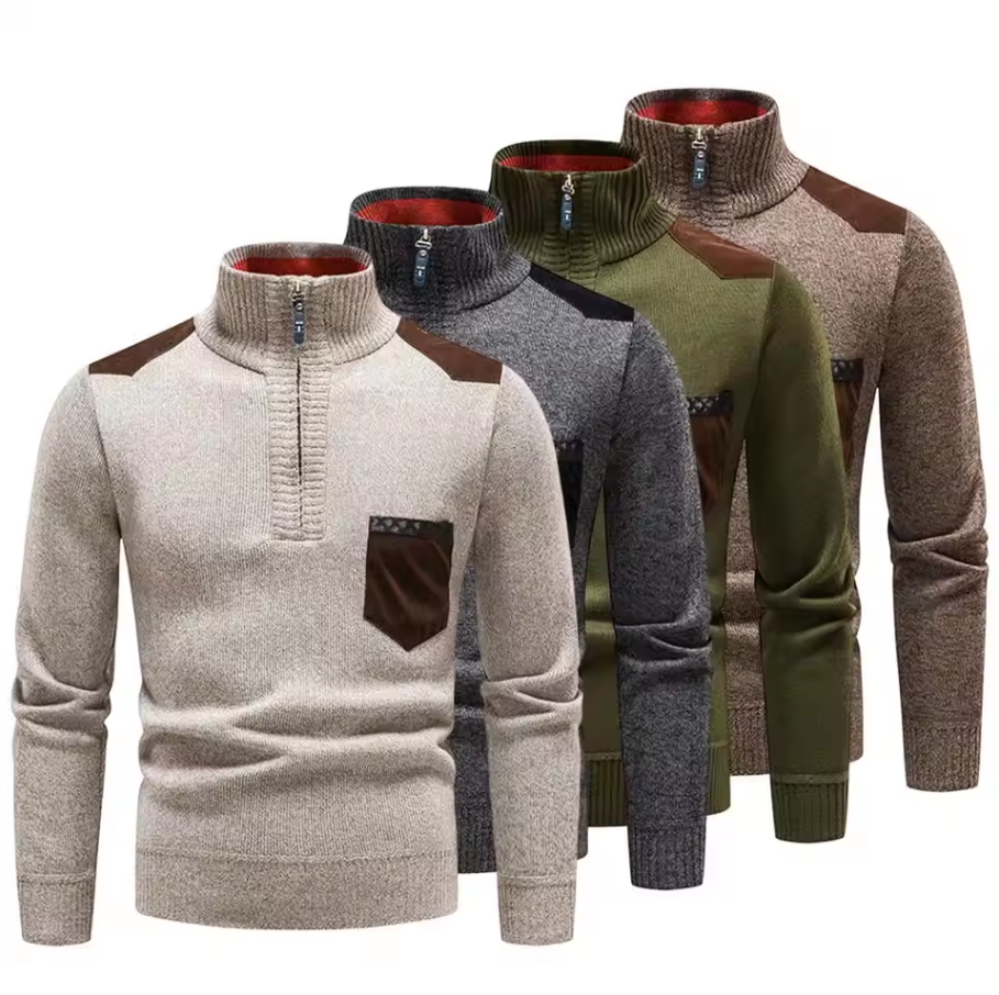 Knitted sweater with stand-up collar and chest pocket