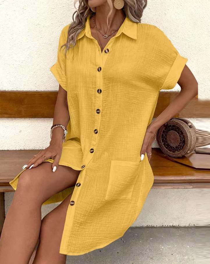 Long short-sleeved dress for women with button placket