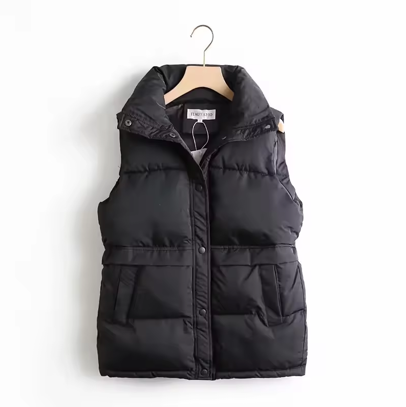 Padded quilted vest with detachable hood and button closure