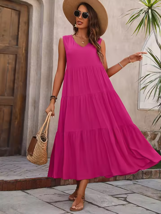 Sleeveless tiered maxi dress with round neckline