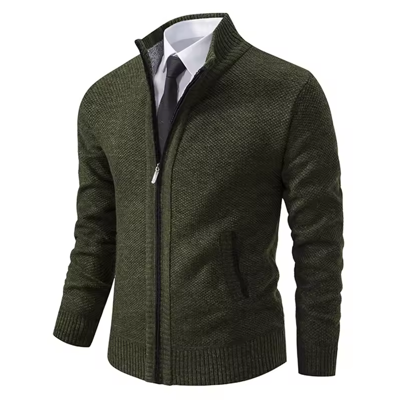 Textured zip-up jacket with stand-up collar
