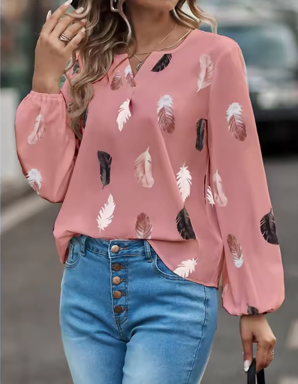 Long-sleeved blouse with V-neckline and feather print