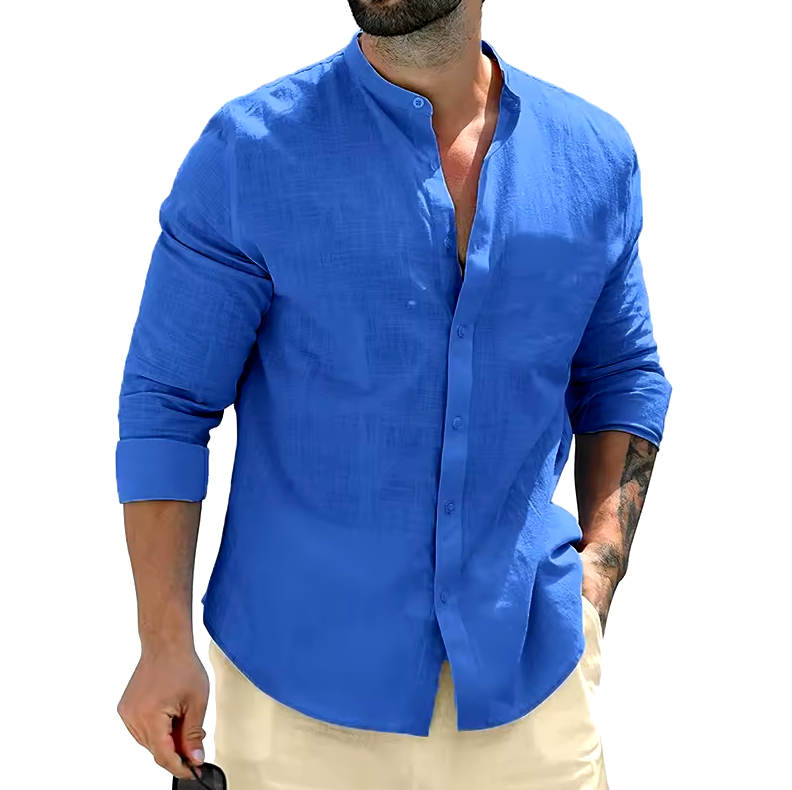 Long-sleeved button-down shirt with band collar