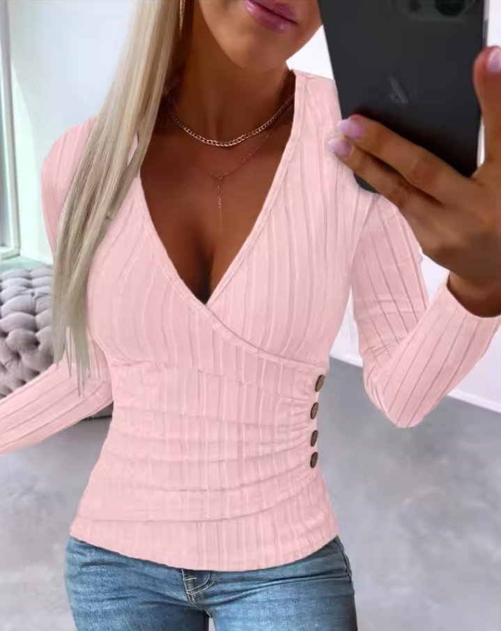 Ribbed wrap-style top with deep V-neckline