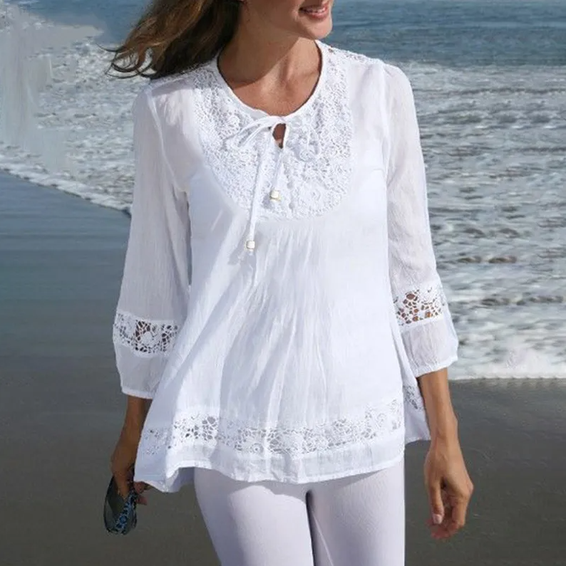 Women’s lace-trimmed button-up tunic blouse with 3/4 sleeves