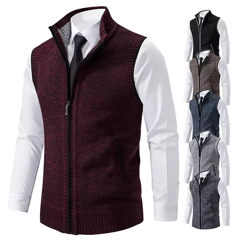 Zip-up vest with stand-up collar and textured design