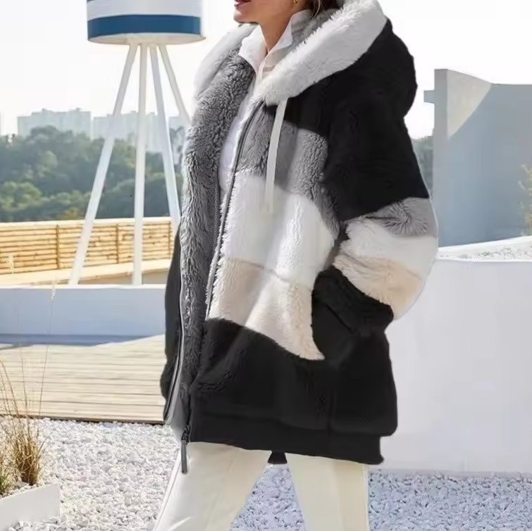 Women’s Hooded Jacket with Striped Design and Zipper Closure