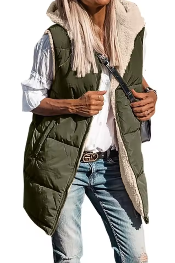 Long quilted vest with hood and button closure