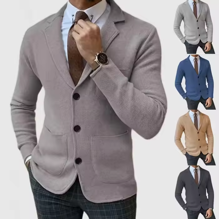 Knitted cardigan with lapel collar and button closure