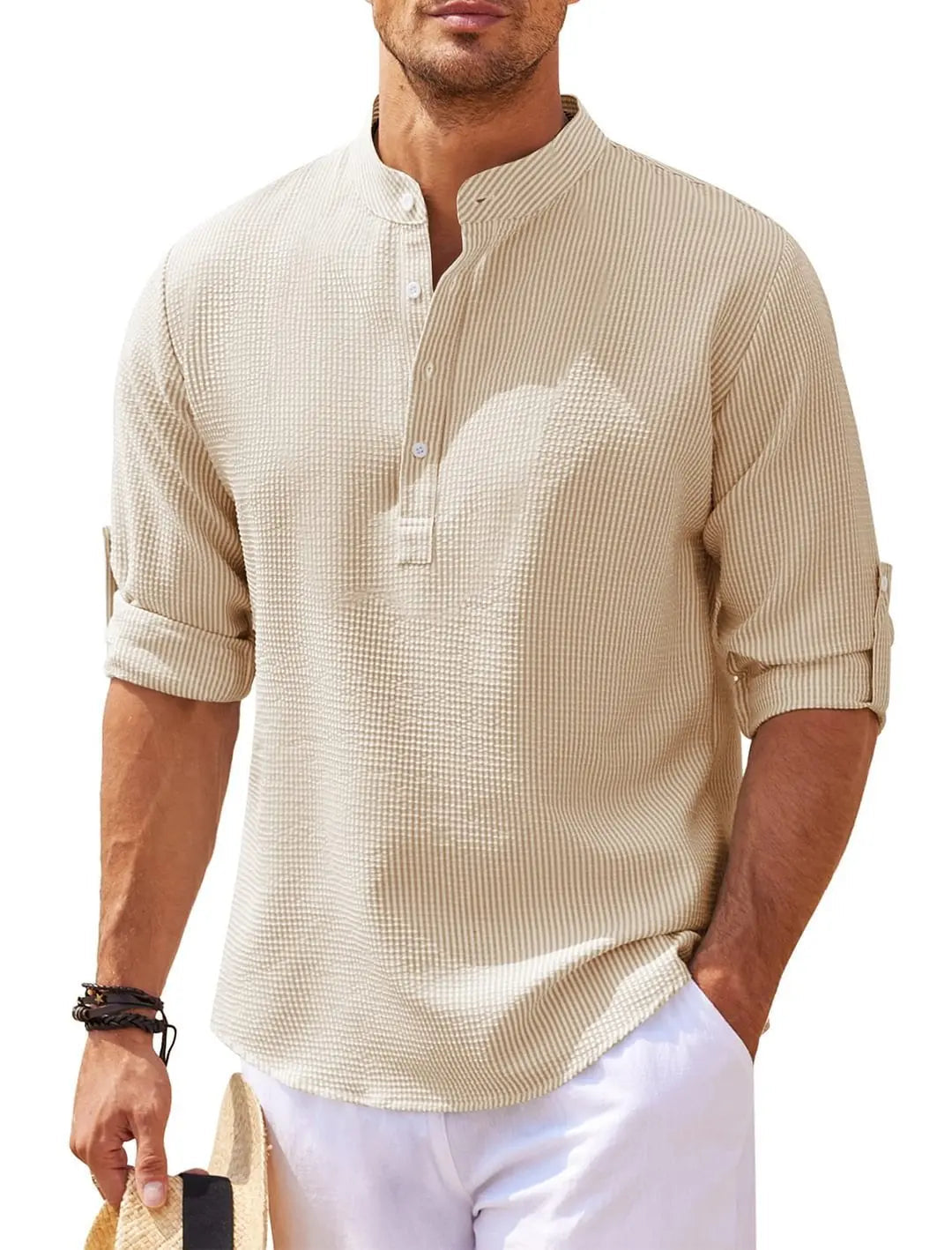 Lightweight men's shirt with stand-up collar and half button placket