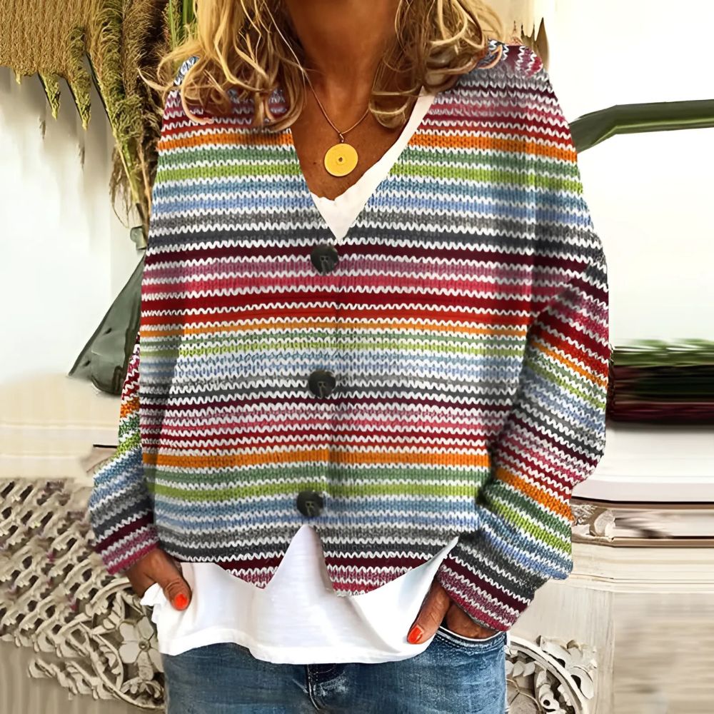 Women’s V-Neck Sweater with Striped Pattern and Button Closure