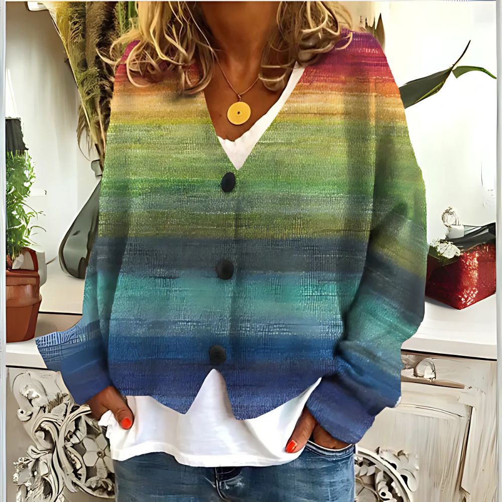 Women’s V-Neck Sweater with Striped Pattern and Button Closure