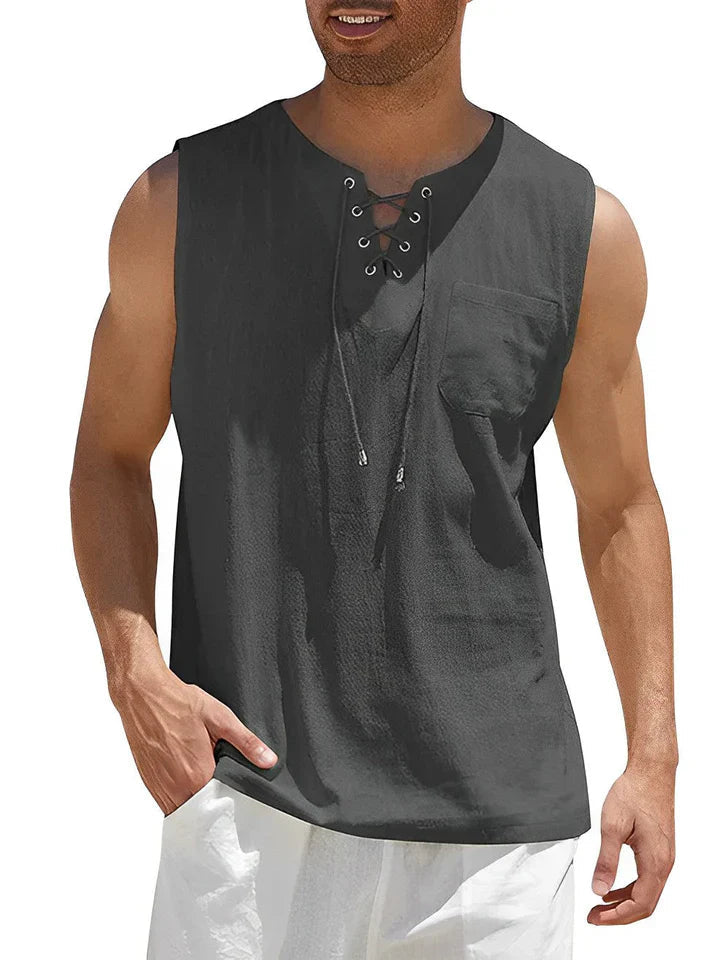 Men's sleeveless top with lacing and textured pattern