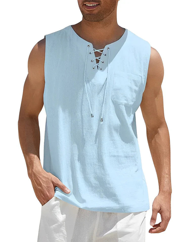 Men's sleeveless top with lacing and textured pattern