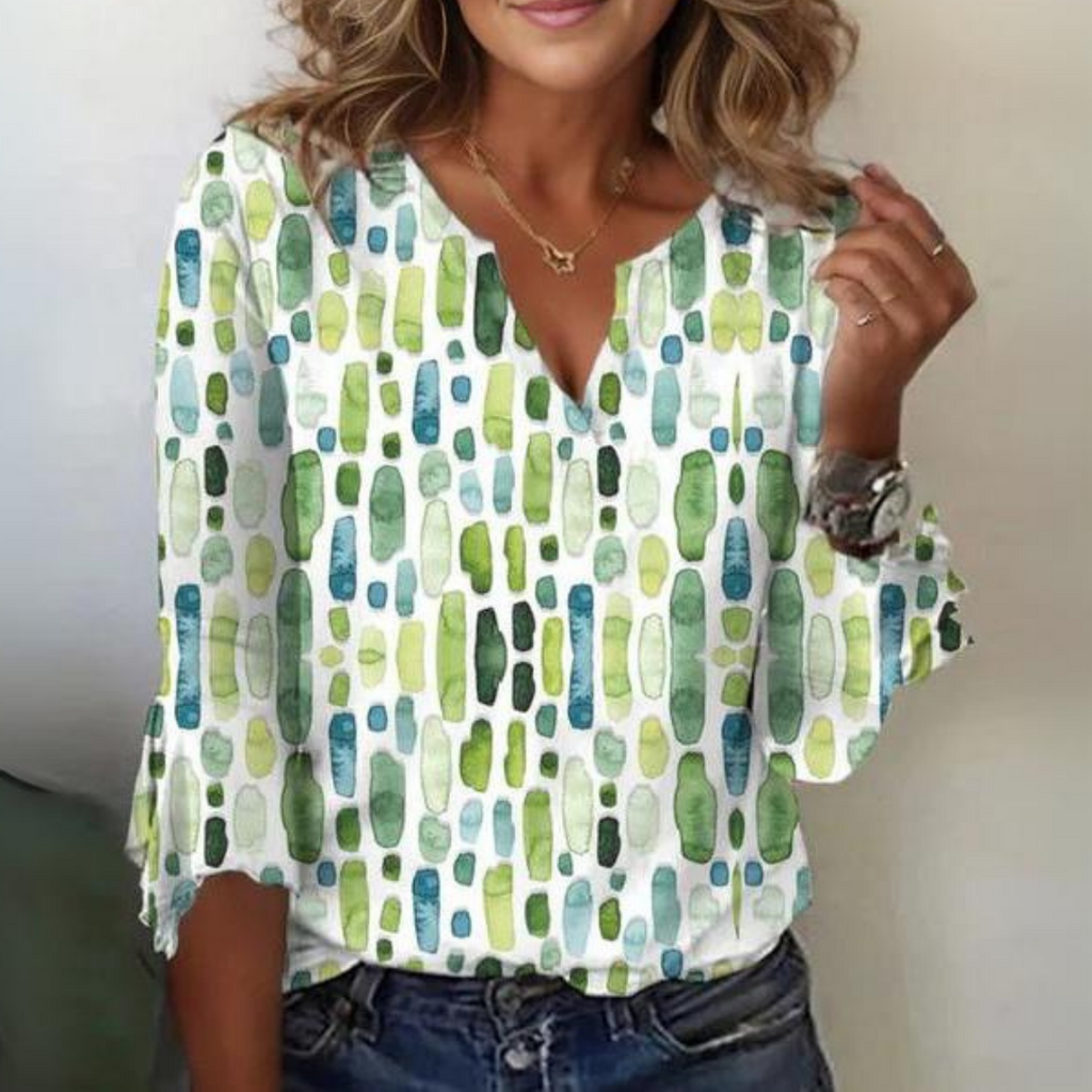 Women's blouse with graphic pattern and V-neck