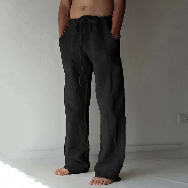 Men's trousers with elastic waistband, drawstring and straight cut made of structured fabric