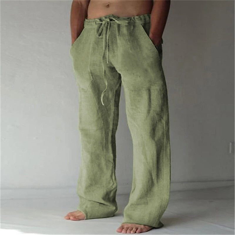Men's trousers with elastic waistband, drawstring and straight cut made of structured fabric