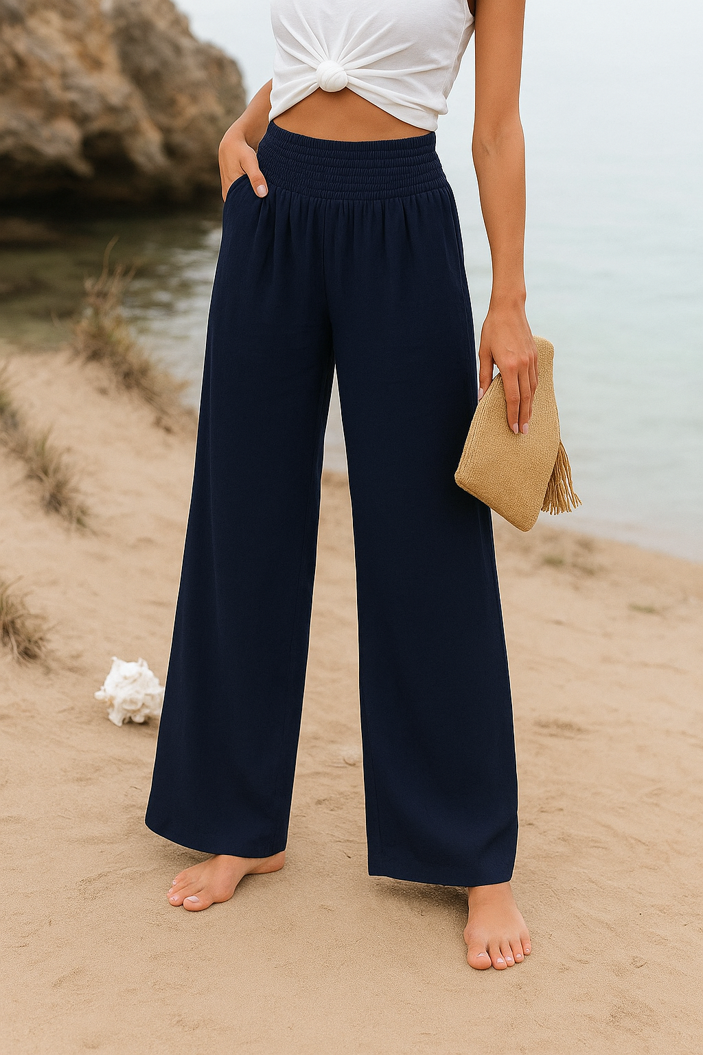 Women's wide-leg trousers with elastic waistband and lightweight fabric